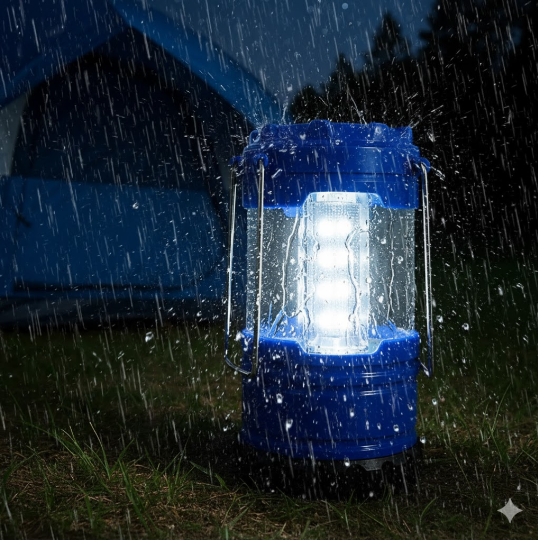 Bright white LED light camping lantern in use
