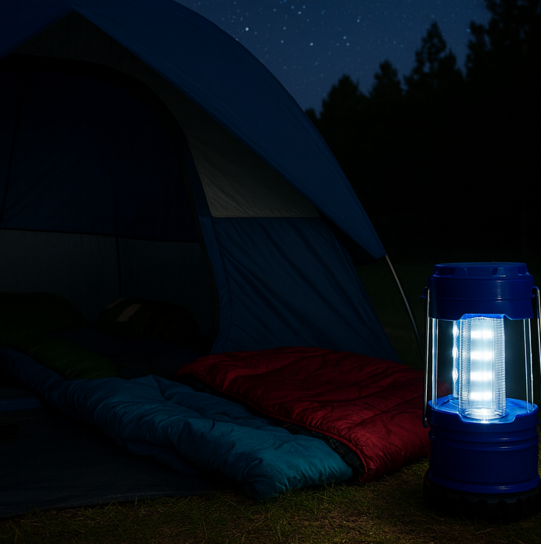 Camping lantern hanging inside a tent