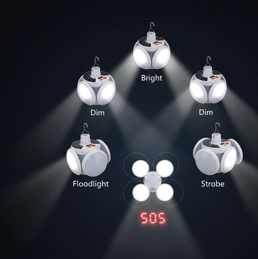 Solar emergency LED light front angled view