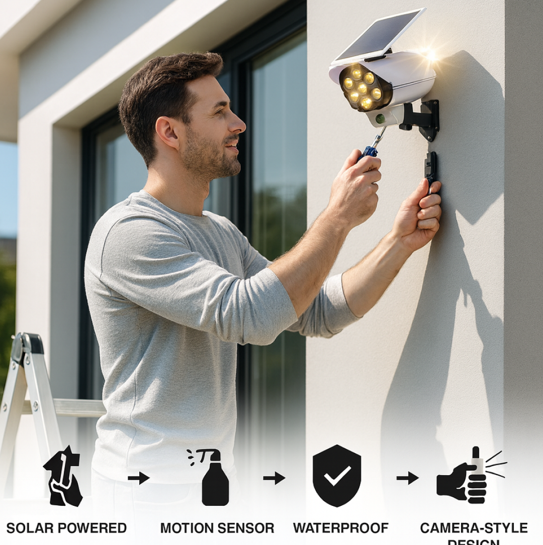 Solar outdoor security dummy camera light illustration