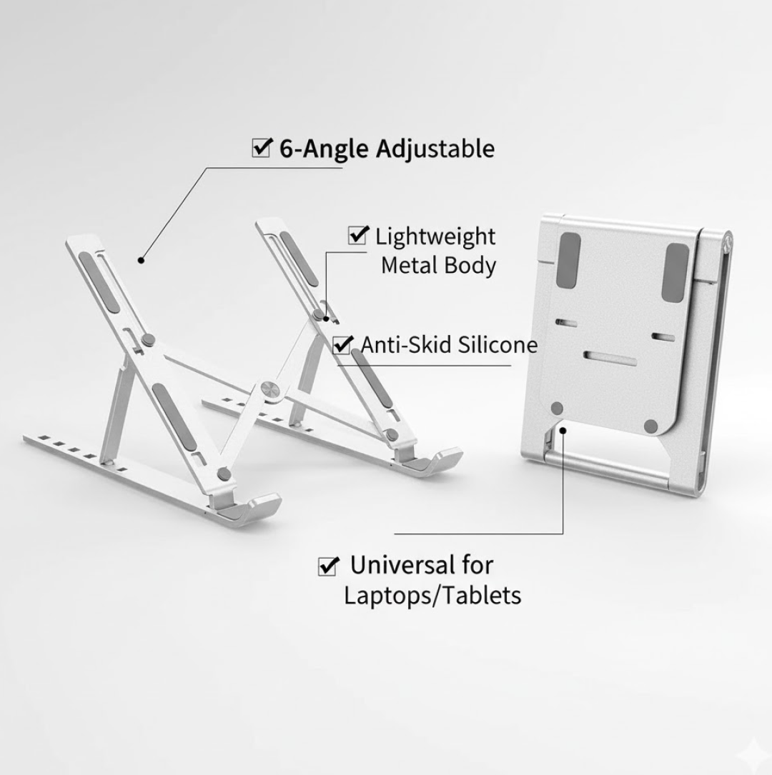 Metal Portable Laptop Stand â€“ 6-Angle Adjustable Riser for Laptops, Phones & Tablets