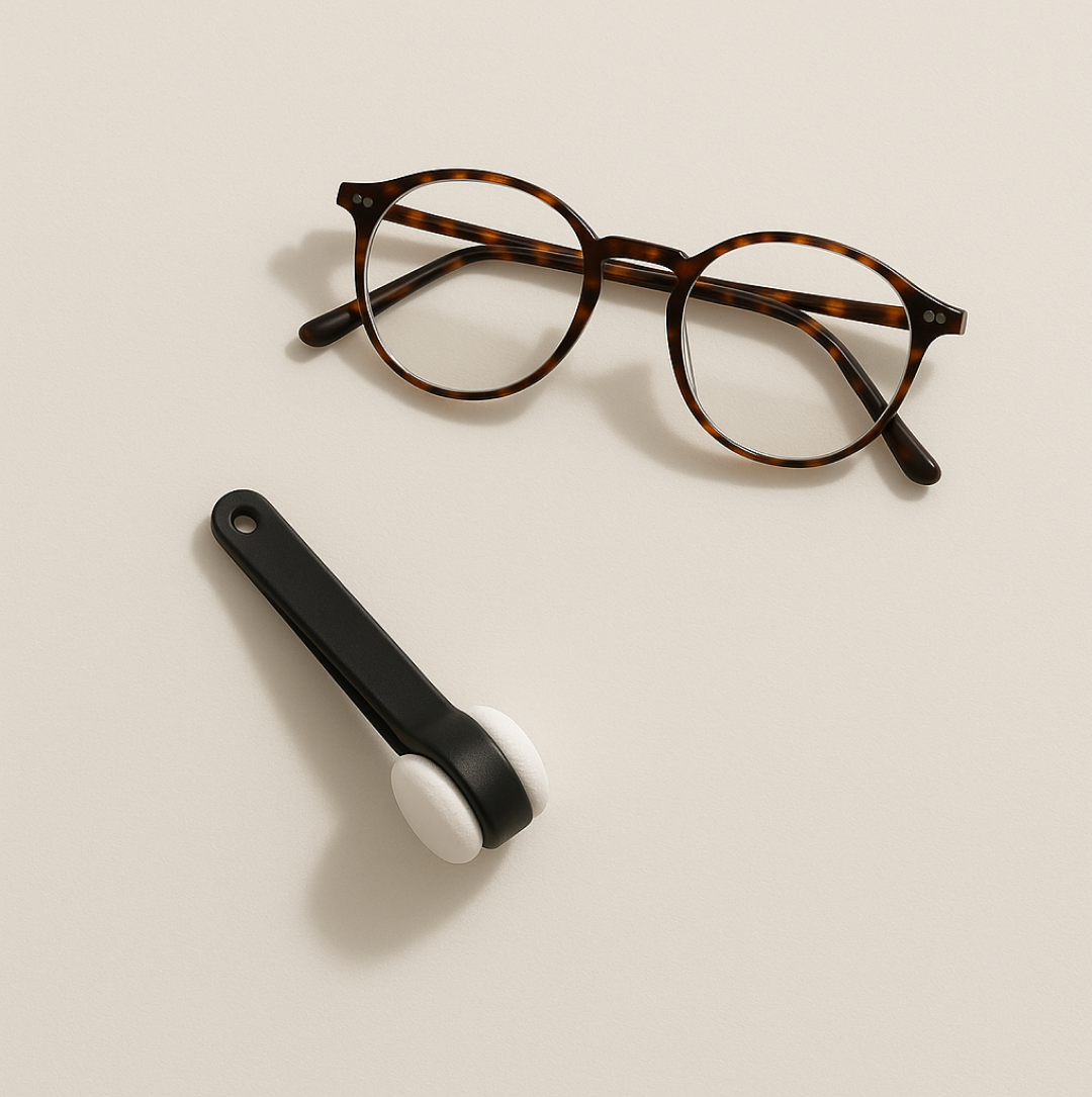 Eyeglass cleaner showing compact size & portability.