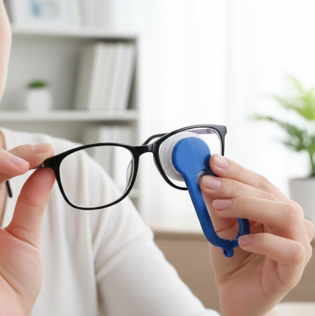 Diagram illustrating how to use the mini eyeglass cleaner.