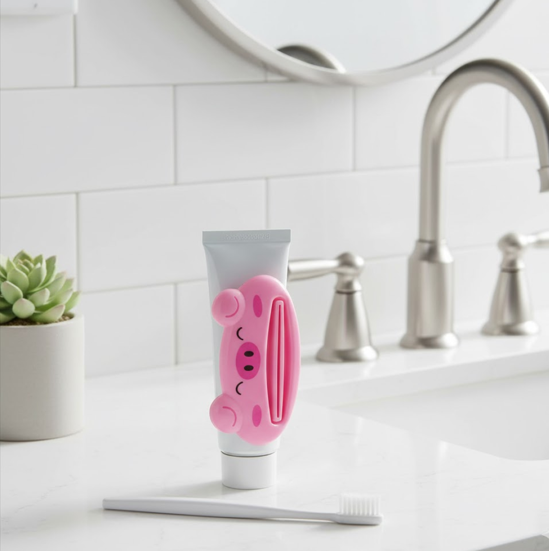 Clear diagram detailing the easy usage of the toothpaste tube squeezer.