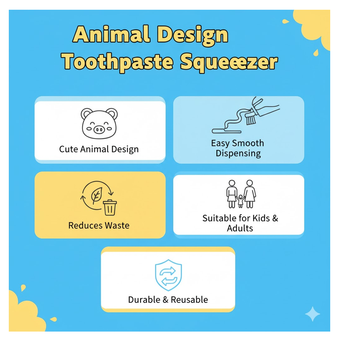 Animated illustration demonstrating how to effectively squeeze toothpaste with the animal dispenser.