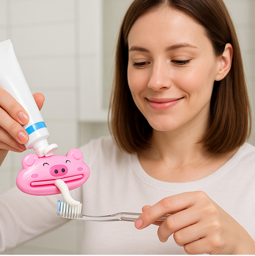 Detailed illustration demonstrating the effective use of the animal toothpaste squeezer.