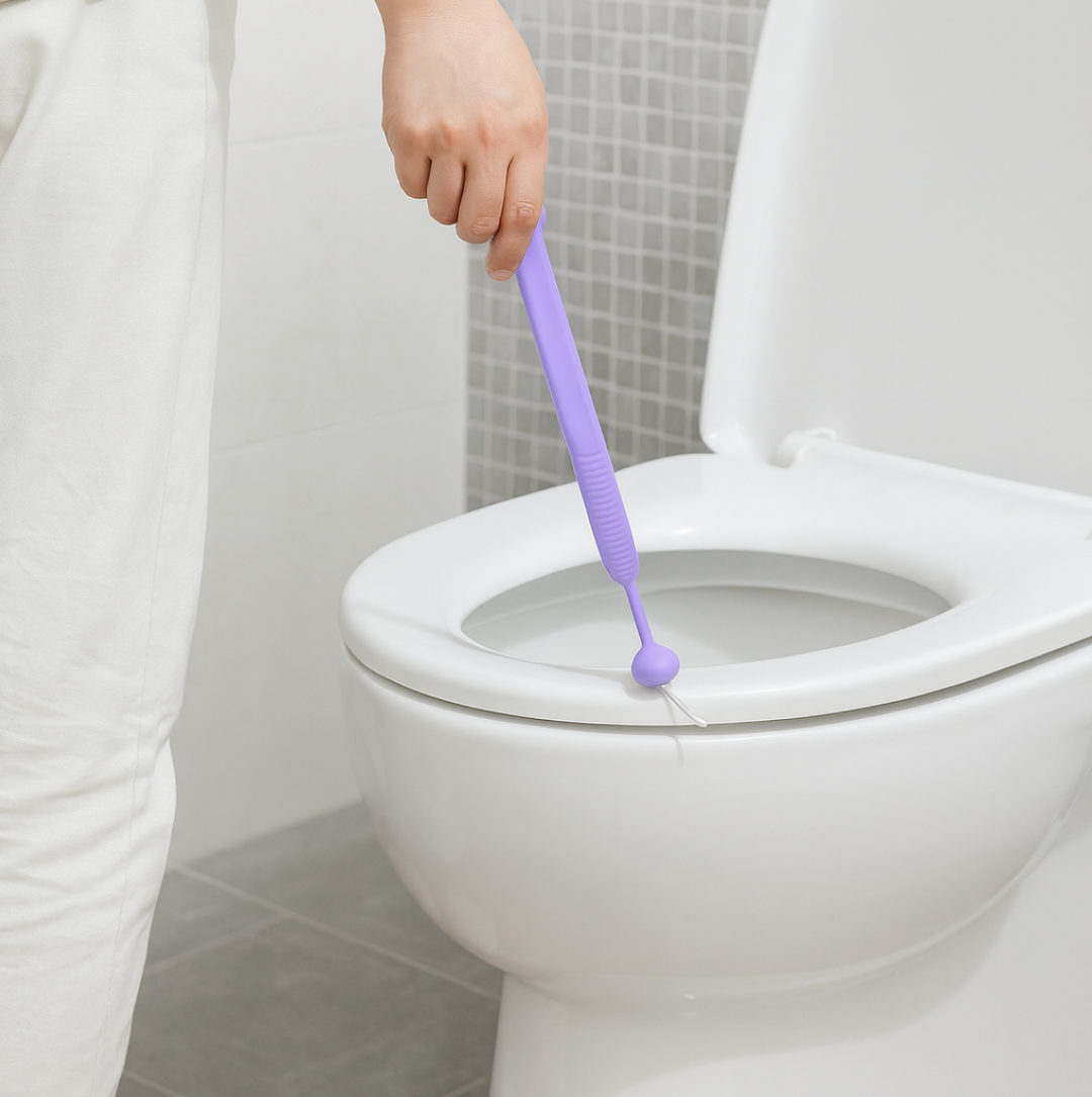 Silicone toilet seat lifter band in use, side view