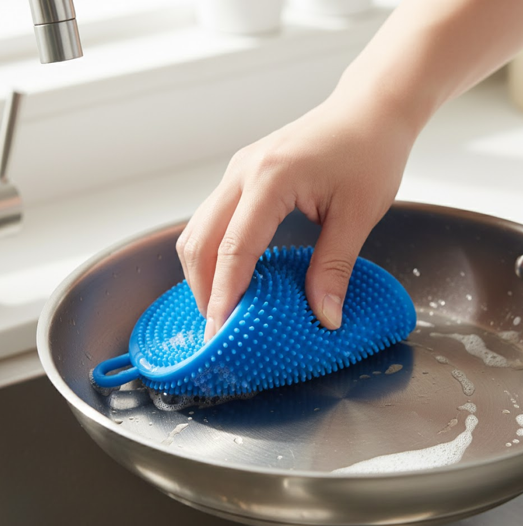 Silicone dish scrubber in clear white with close-up bristles