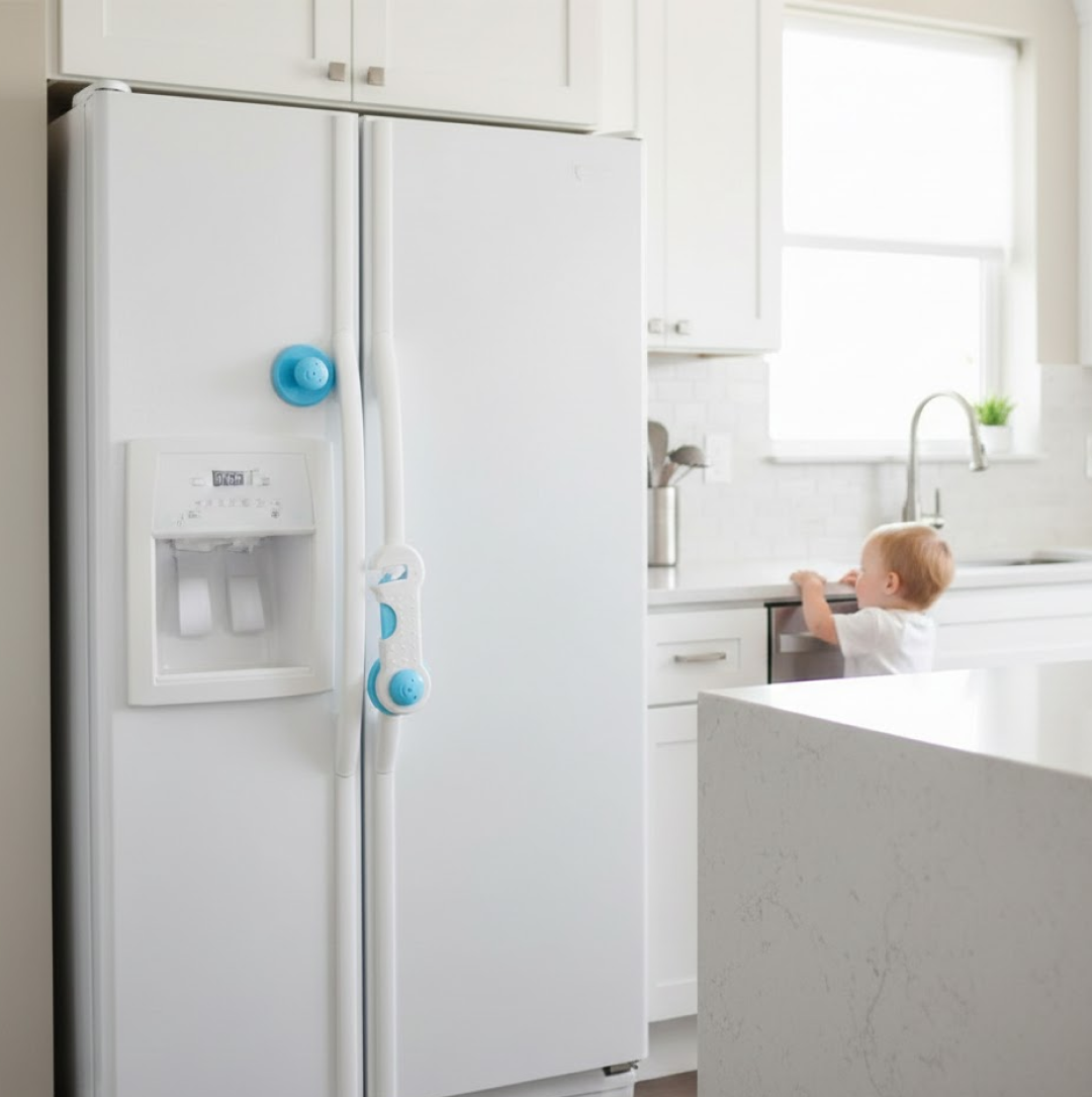 Child safety lock installed on cabinet