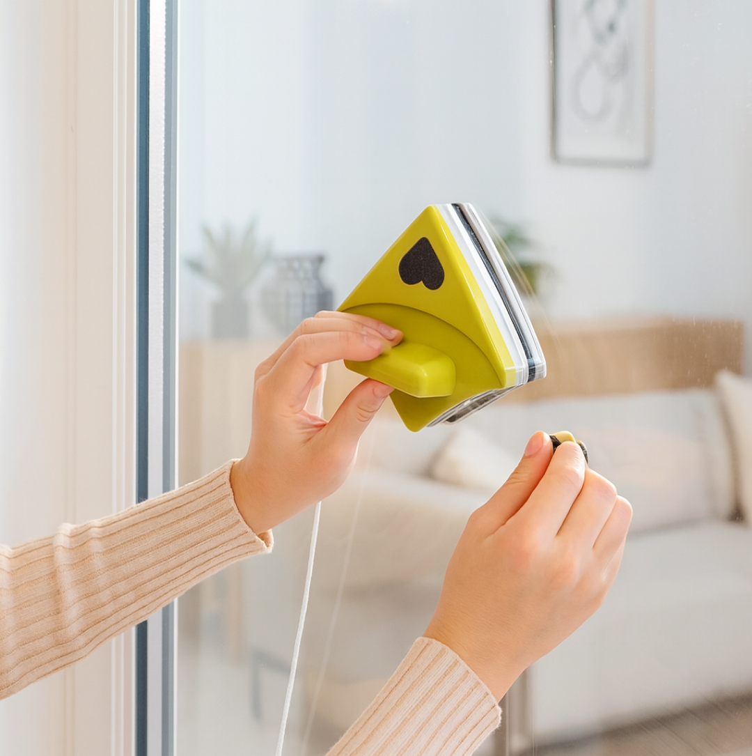 Magnetic window cleaner in action on a home window