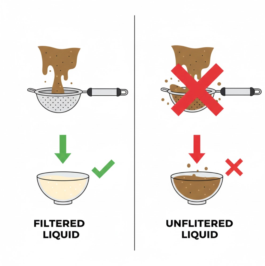 Diagram detailing strainer mesh and handle design