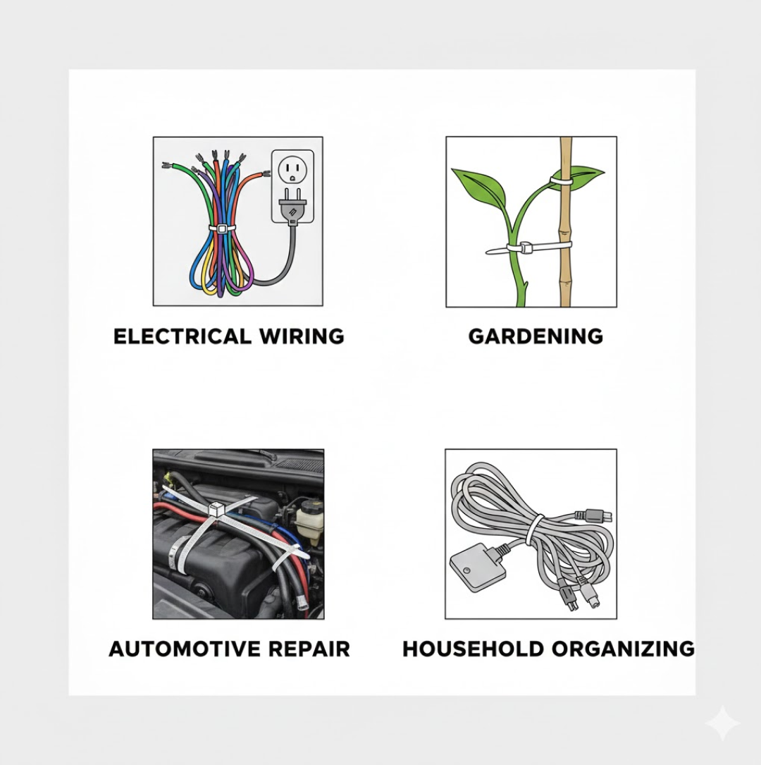 Black nylon cable ties used to organize various electrical wires