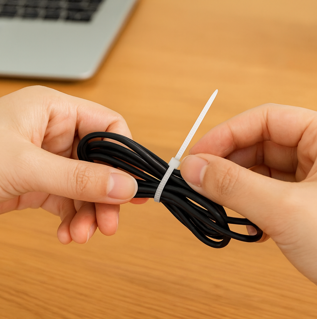 Close-up of a black nylon cable tie showing the self-locking mechanism