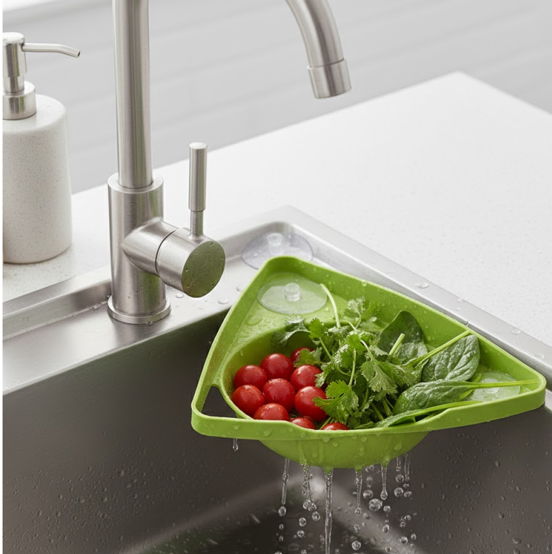 Kitchen sponge drying on corner strainer