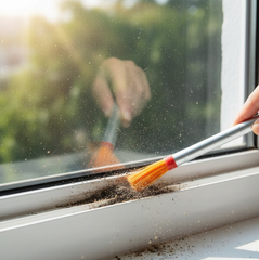 Dust cleaning brush with stainless steel handle close-up