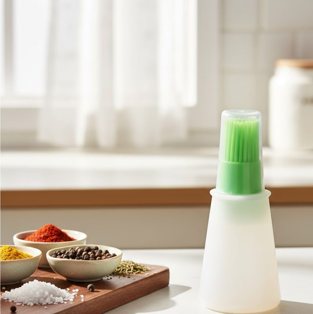 Silicone oil dispenser brush in use on cooking surface