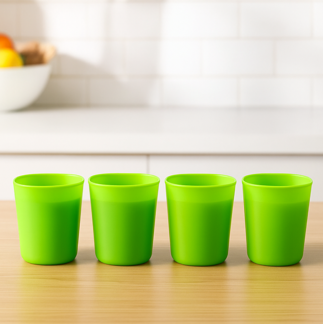 Diagram showing specifications of plastic glass set.