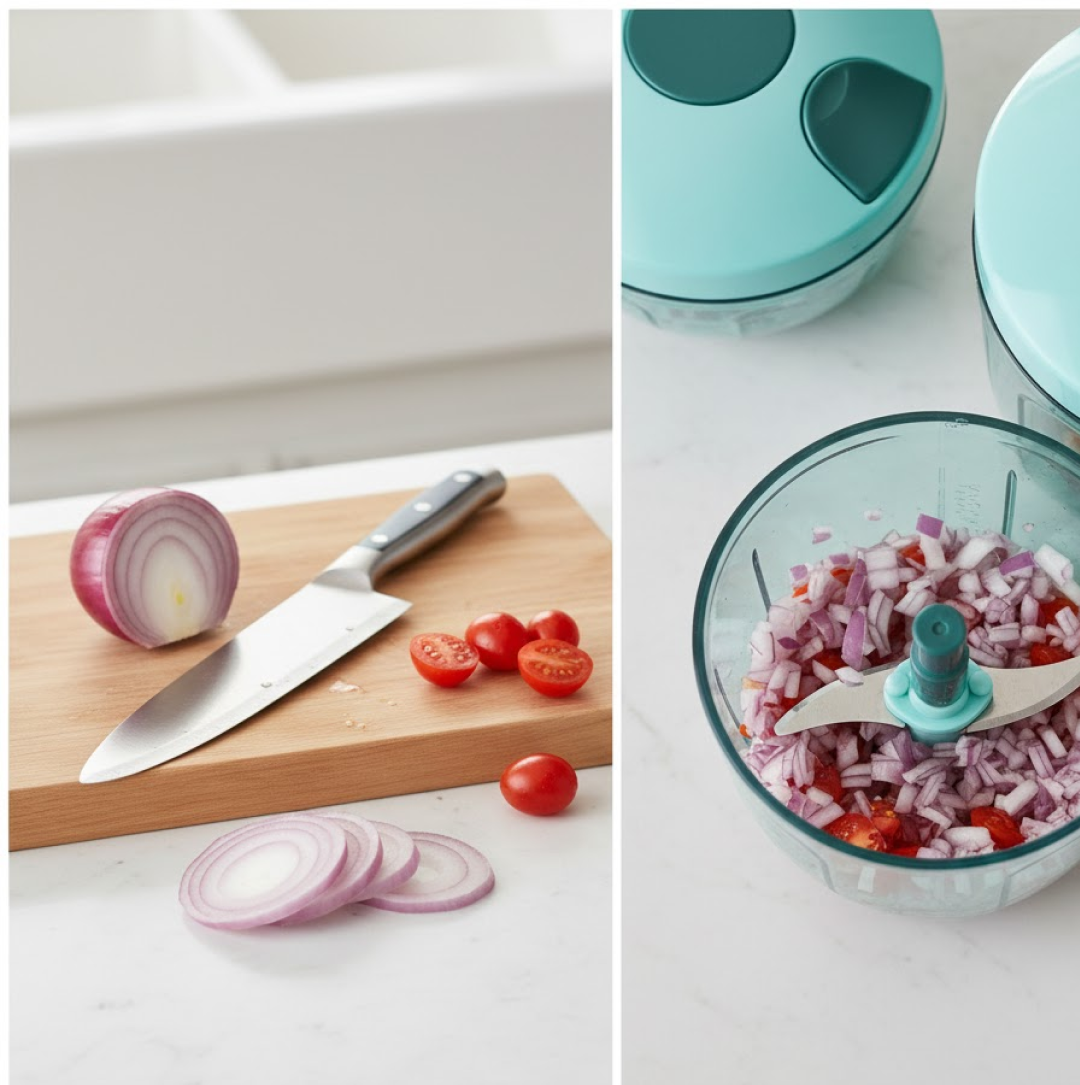 Manual vegetable chopper with clear bowl on a kitchen counter