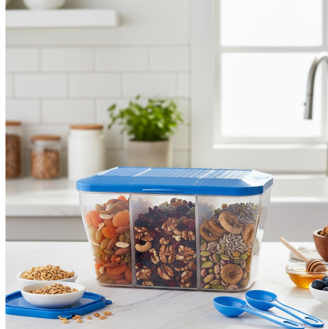Plastic square storage organizer container with 3-section lid