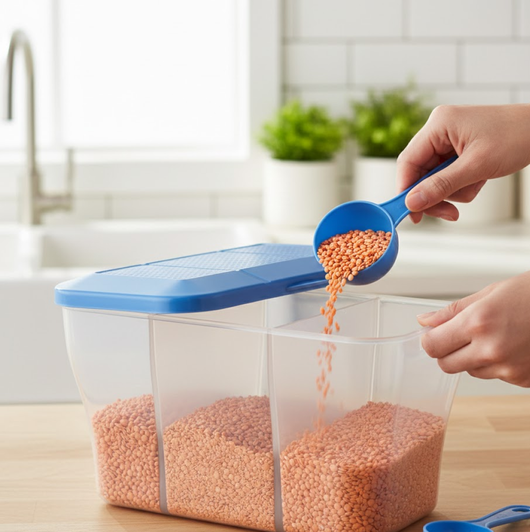Close-up of airtight 3-section storage container lid