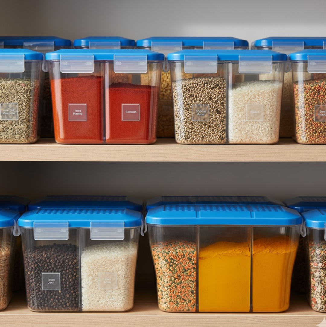 Top view showing three compartments of plastic storage container