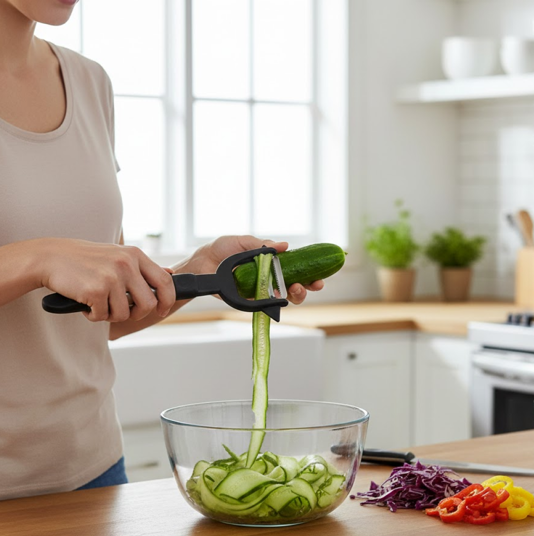 Close-up of sharp stainless steel blades on peeler