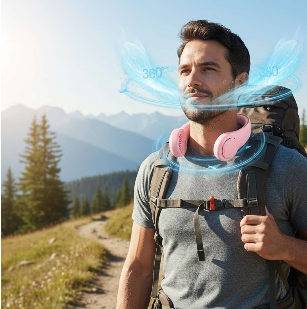 Wearable neck fan resting on display