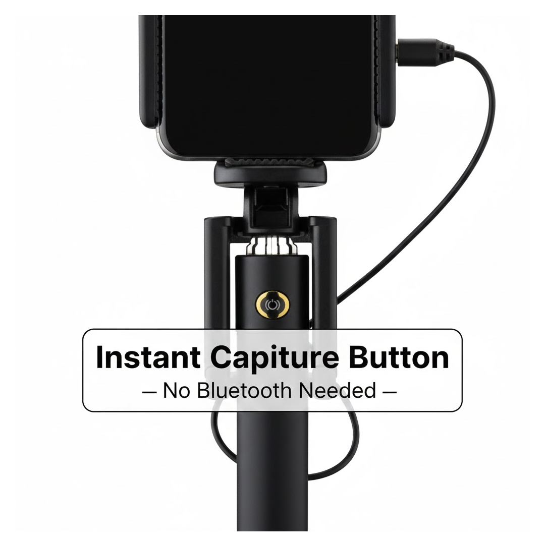 Accessory setup for selfie stick with aux wire