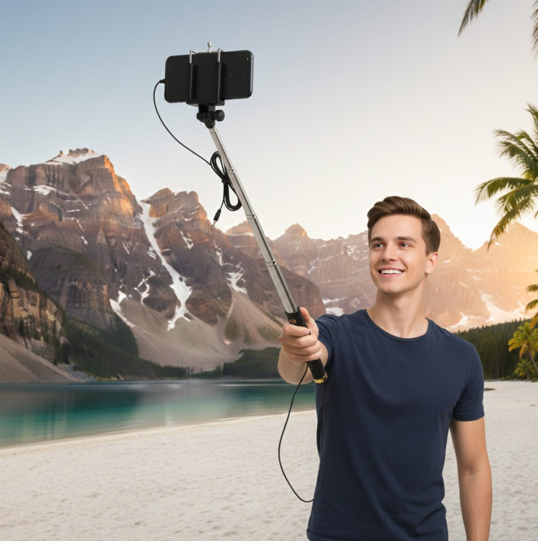 Product features infographic for selfie stick with aux wire