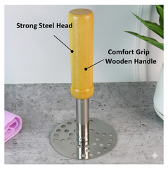 Front view of stainless steel potato masher with wooden handle