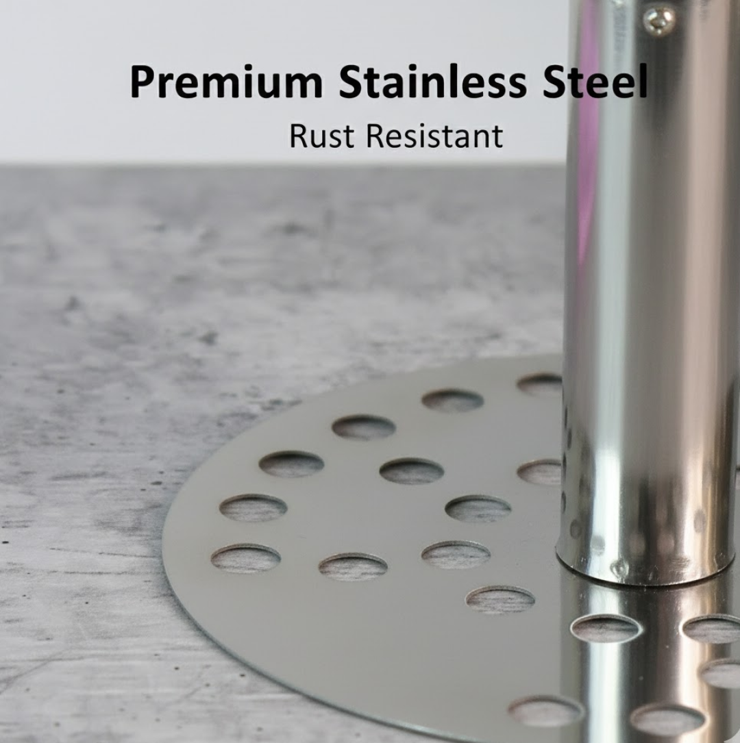 Side view of stainless steel potato masher with wooden handle