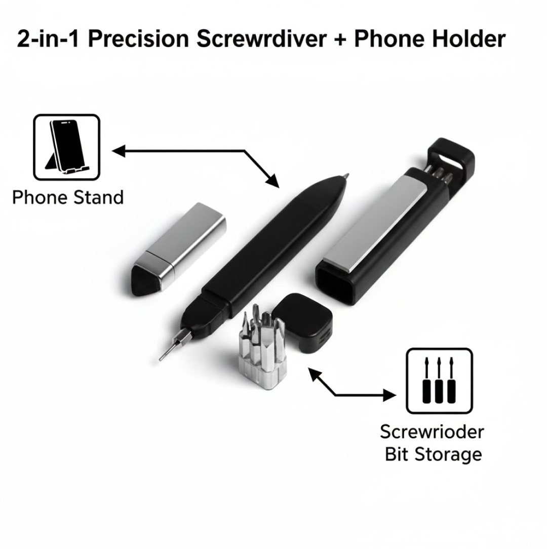 Multi-function pen tool with phone holder and screwdrivers