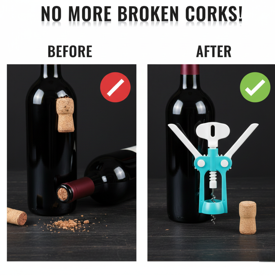 Close-up of corkscrew wings rising while uncorking wine bottle.