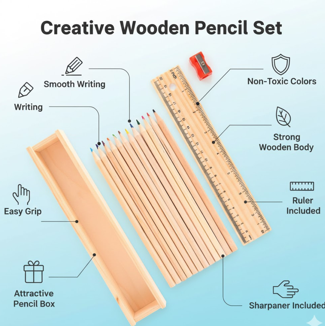 Close-up of the colorful wooden pencils and accessories.