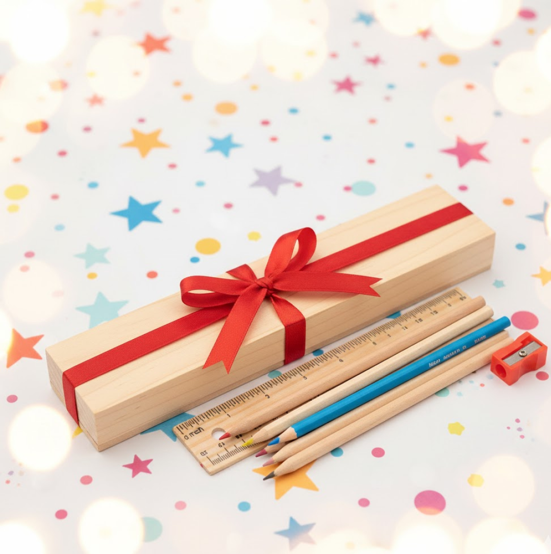 Various art supplies, including the colorful pencil set, on a desk.
