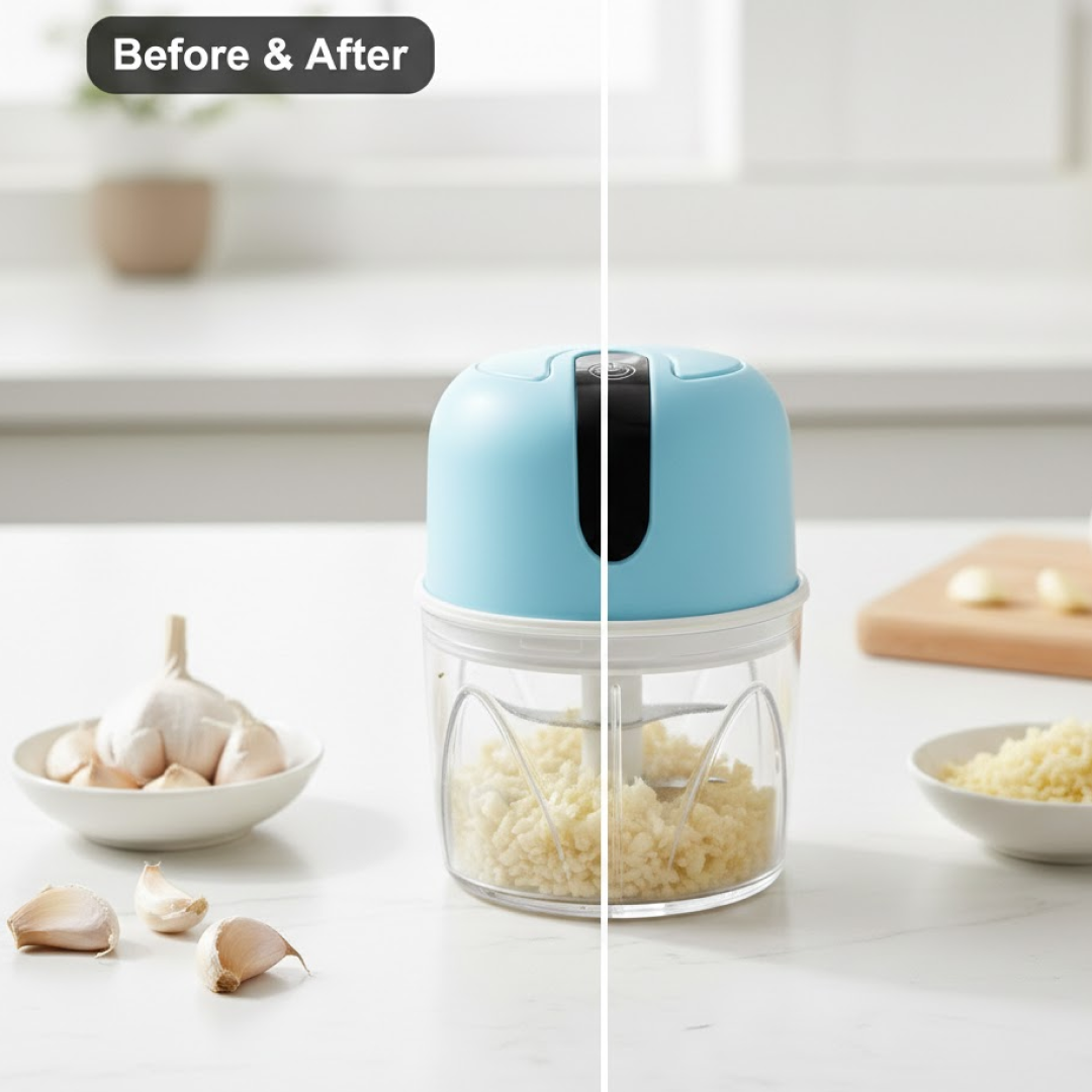 Mini electric garlic chopper assembled components