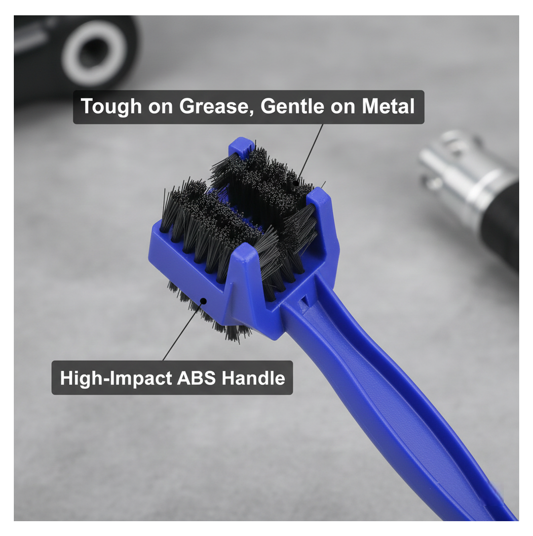 Closeup of the motorbike chain cleaning tool brushes