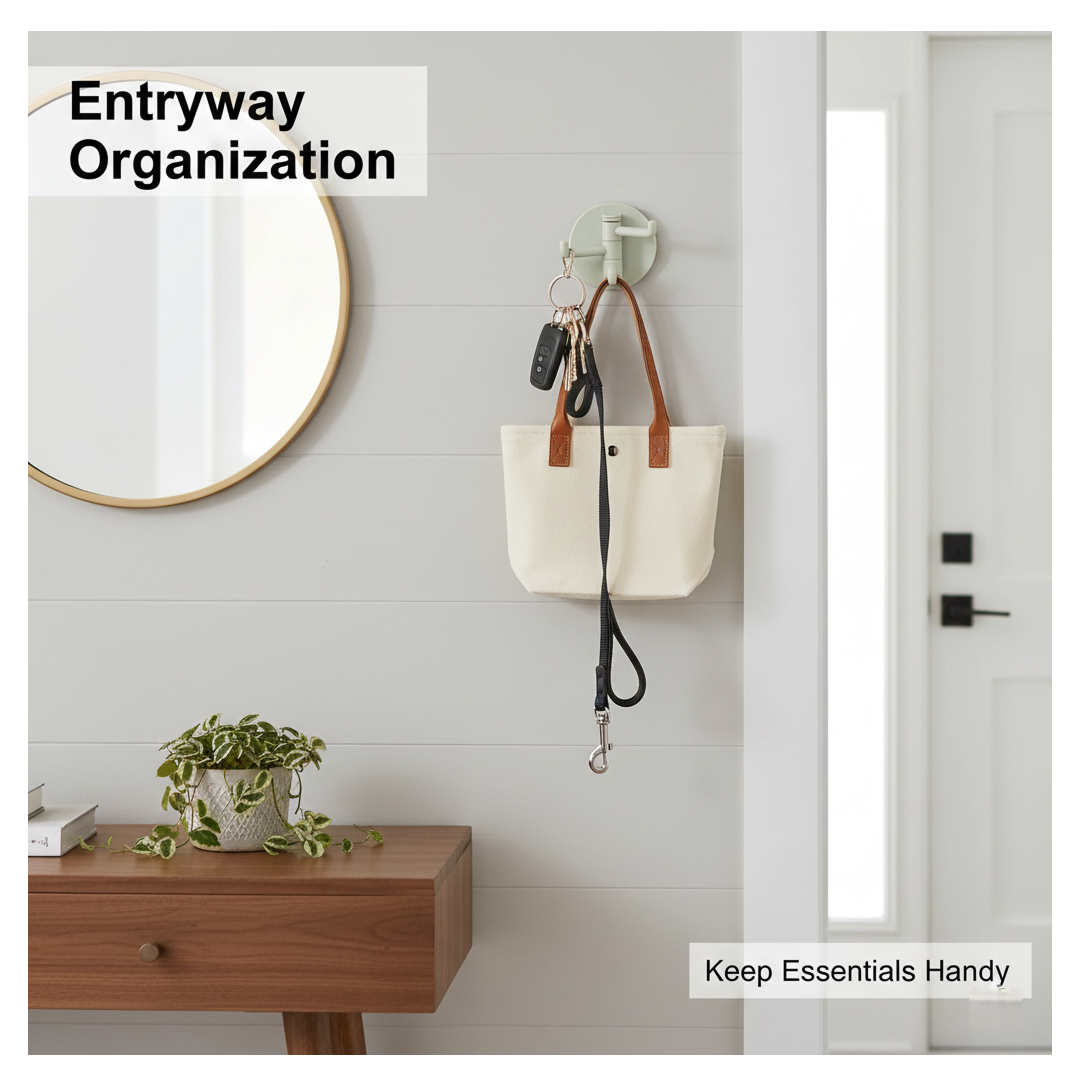 Sticky hook in bathroom setting