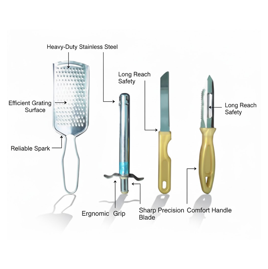 4-in-1 kitchen tool combo: lighter, knife, peeler, grater
