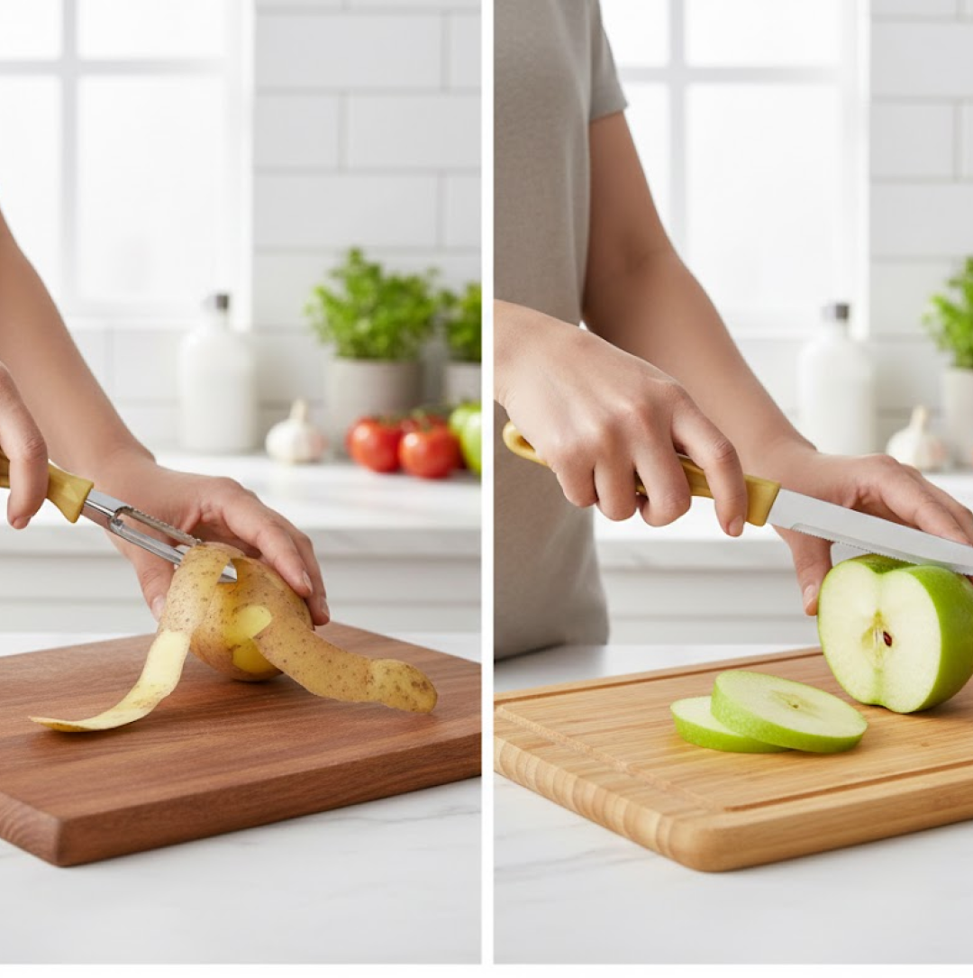 Detail view of the stainless steel peeler and grater