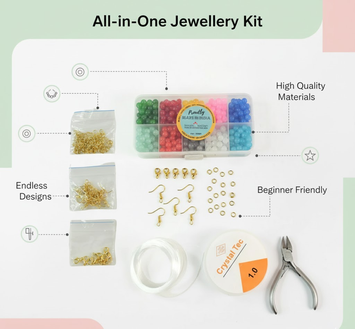 Close-up of beads and clasps in the kit