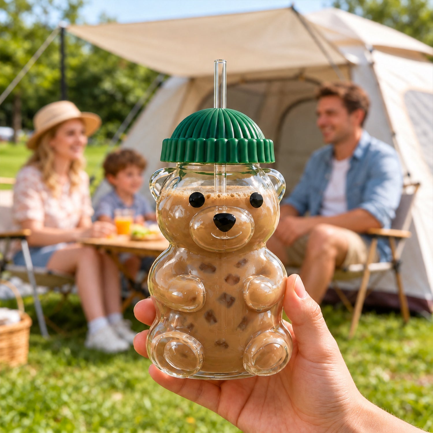 A hand holds a bear-shaped glass filled with iced coffee, with a family picnicking in the background.