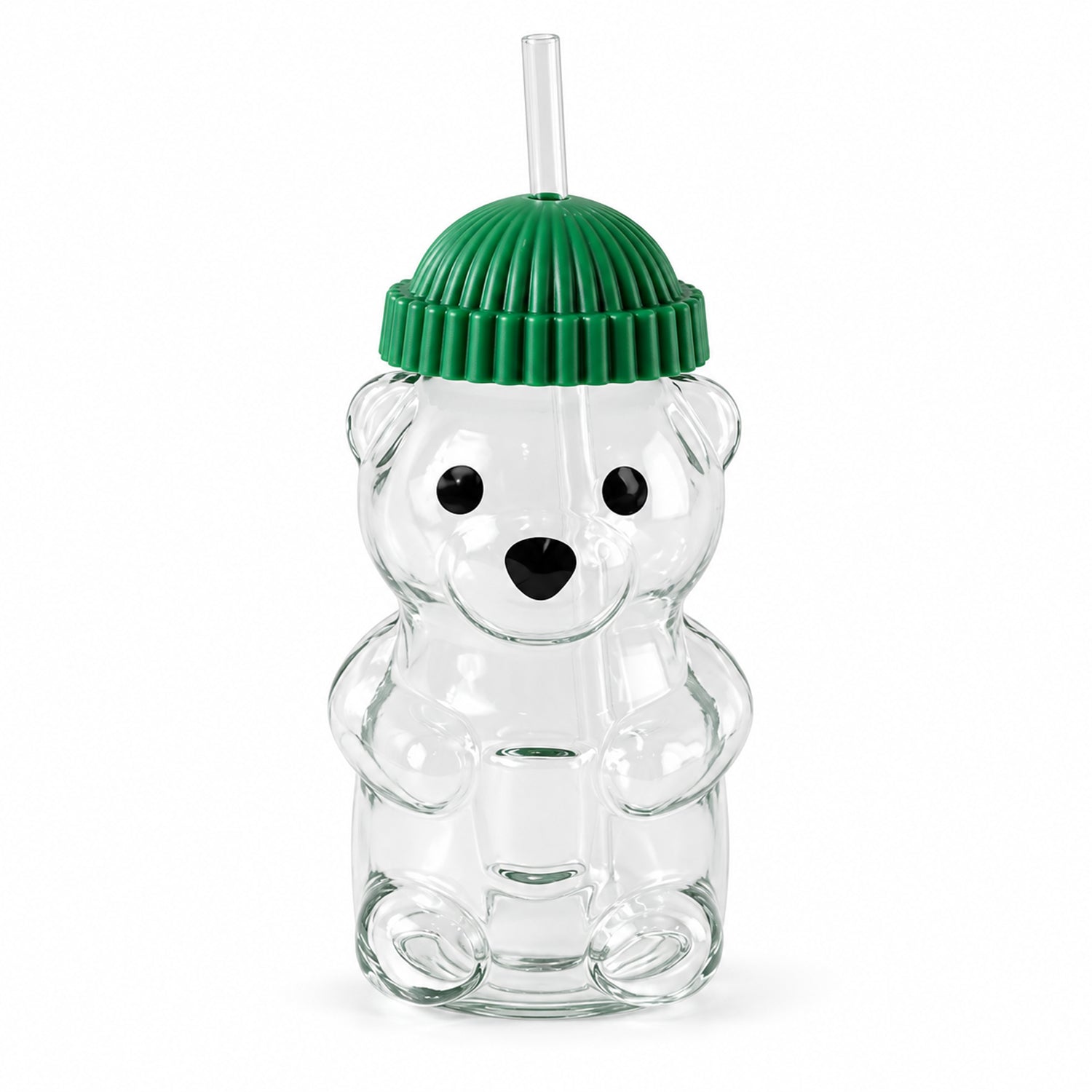 A clear bear-shaped glass sipper with a green ribbed lid and a transparent straw on a white background.