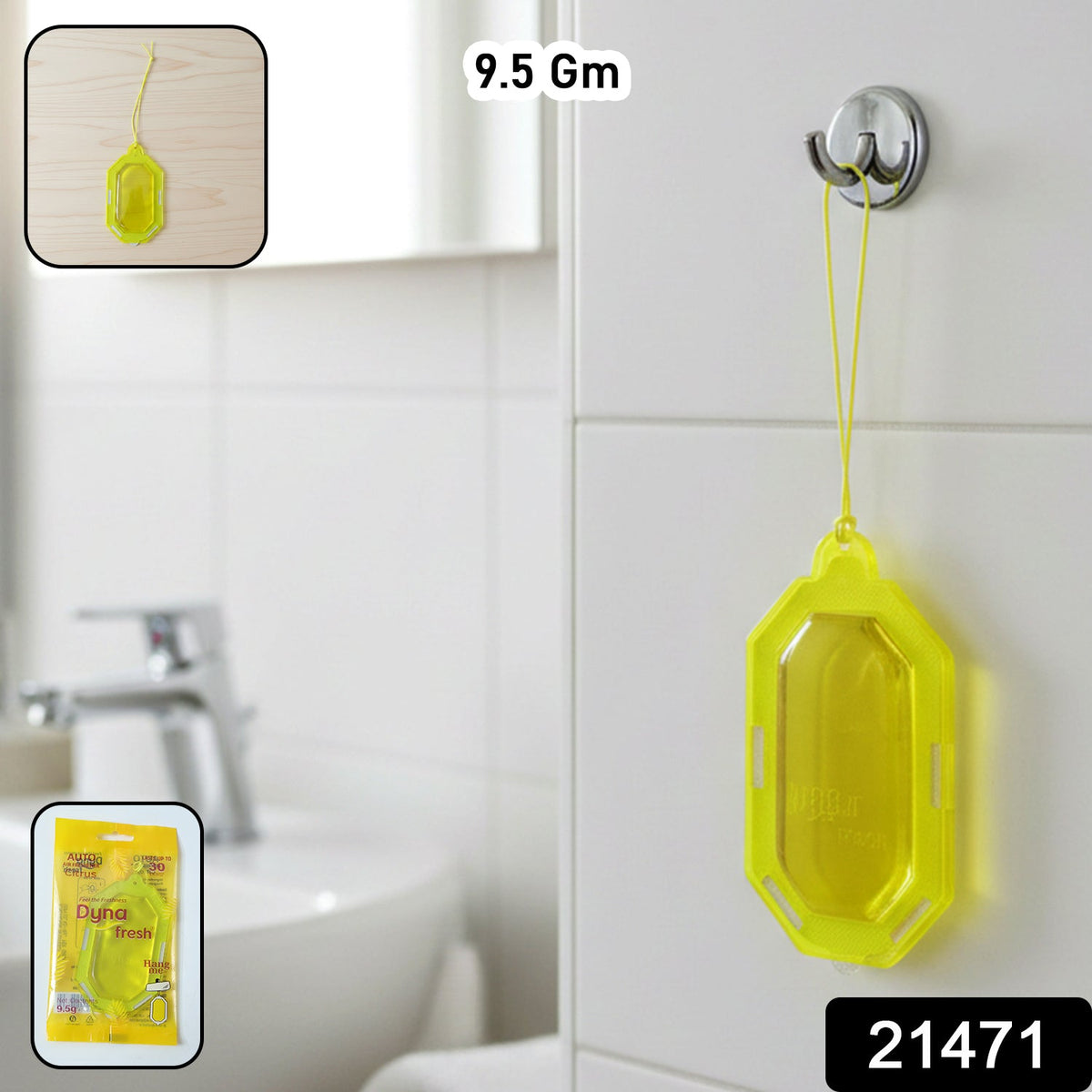 Citrus gel air freshener hanging in a modern bathroom