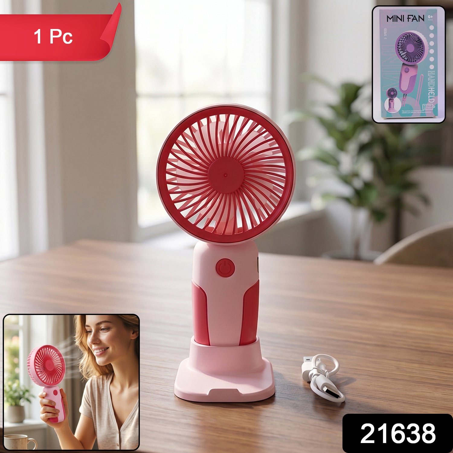 Mini handheld fan & detachable stand in packaging
