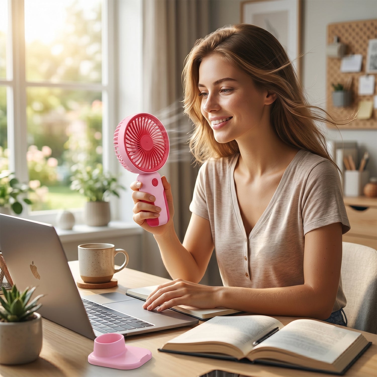 Mini rechargeable fan on a desk with laptop