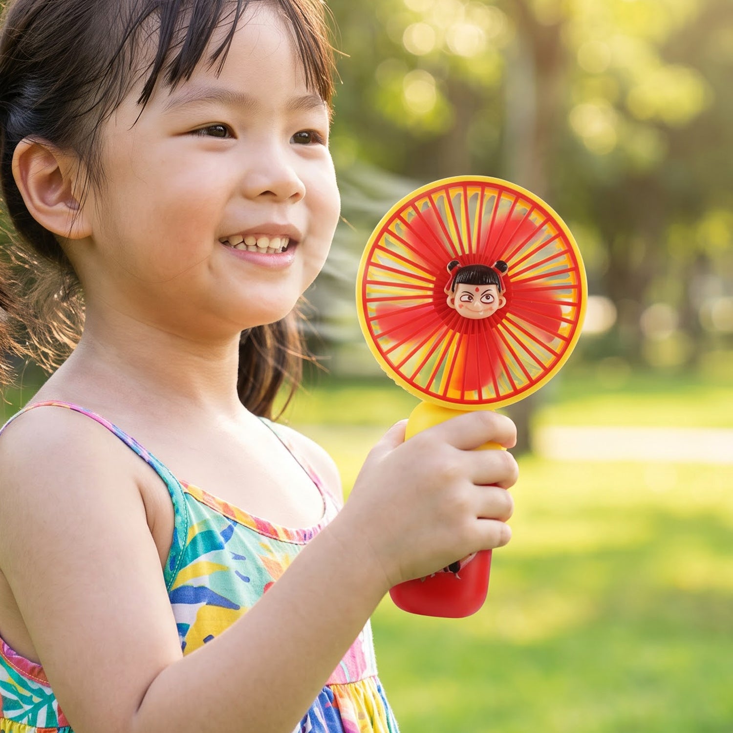 A young girl smiling and holding a red and yellow mini fan with a cartoon character face in the center. â€“ view 3