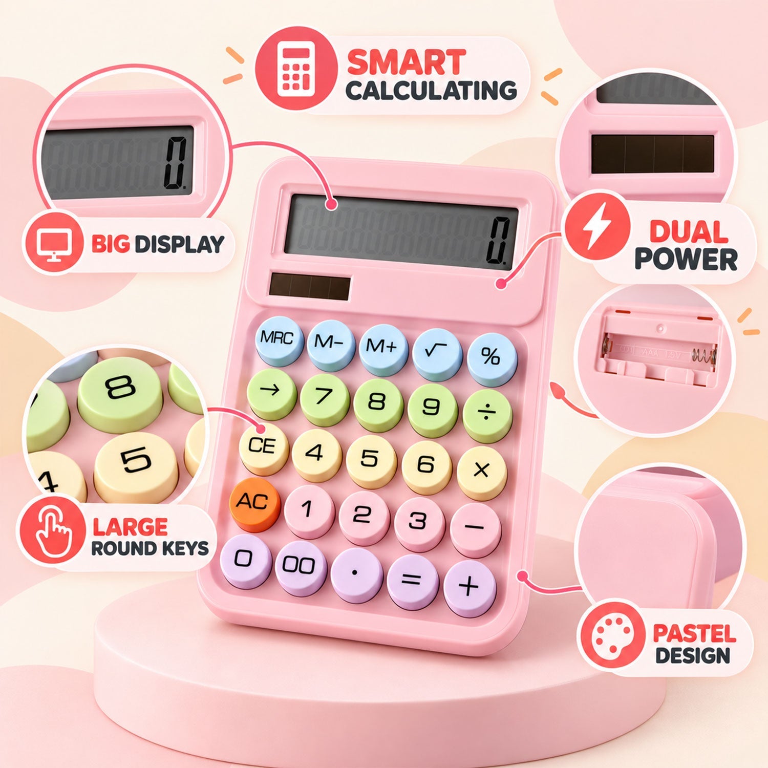 A pink calculator with round, pastel-colored keys is shown with callouts highlighting its big display, dual power, and large