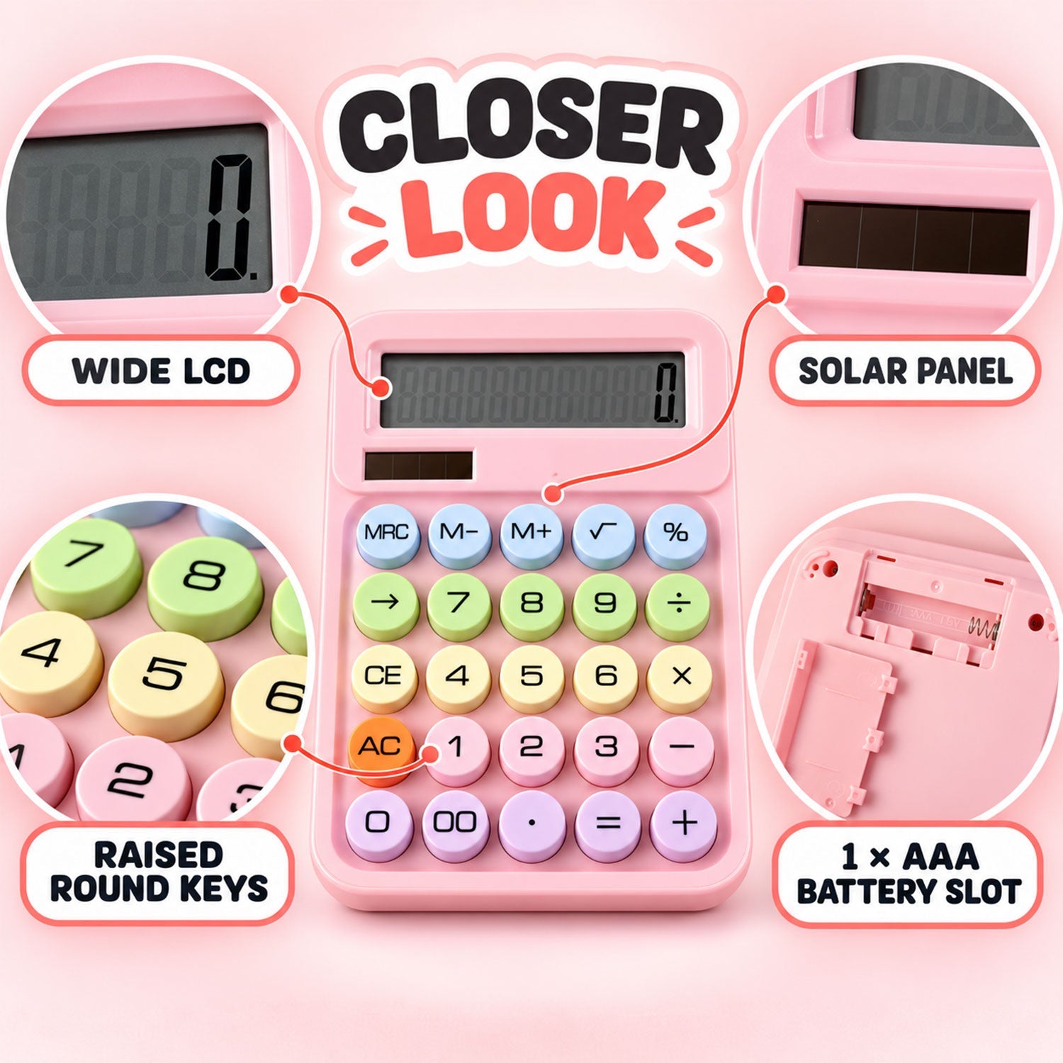 A pink calculator with round, colorful keys is shown with detailed callouts for its wide LCD, solar panel, and battery slot.