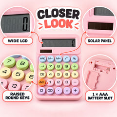 A pink calculator with round, colorful keys is shown with detailed callouts for its wide LCD, solar panel, and battery slot.